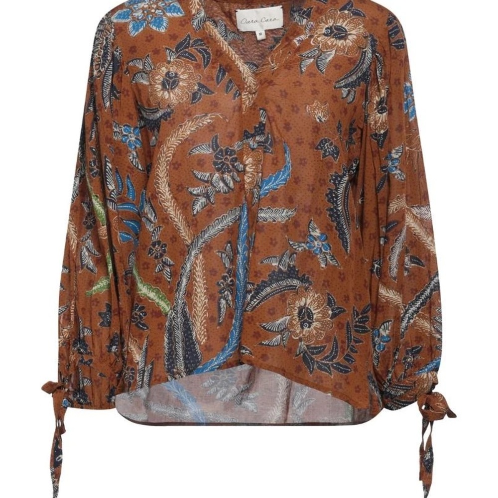 Cara Cara Win Batik Floral Tie Sleeve Blouse Brown Boho Peasant Size Medium - Picture 2 of 7
